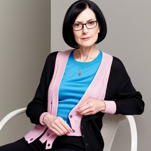  Make me an image of a pale, tall, slim old woman with a silky black bob hair style and reading glasses. She is wearing a hot pink cardigan with black pants and black loafers. She has light blue eyes.