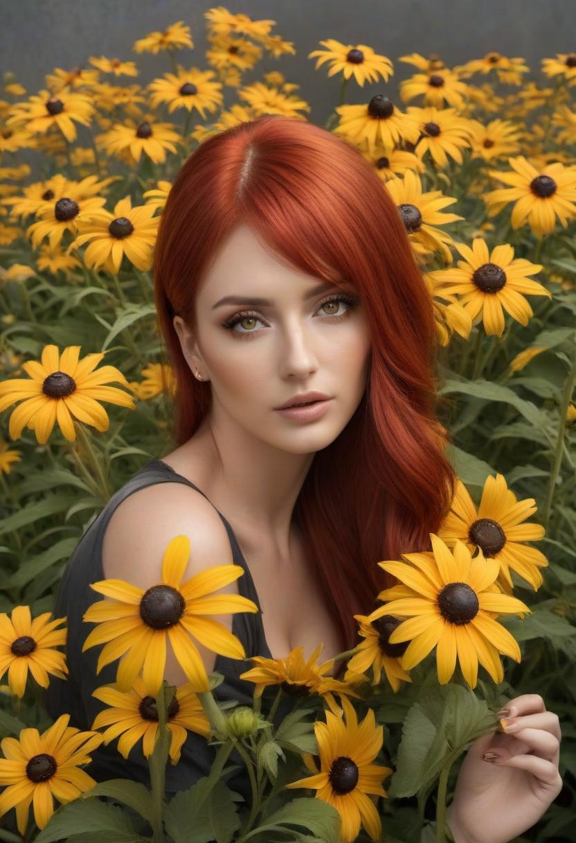  A girl with red hair against a white wall, with yellow Black eyed Susan daisies (Rudbeckia hirta) in her hands, photo., PERFECTEYES hyperrealistic, full body, detailed clothing, highly detailed, cinematic lighting, stunningly beautiful, intricate, sharp focus, f/1. 8, 85mm, (centered image composition), (professionally color graded), ((bright soft diffused light)), volumetric fog, trending on instagram, trending on tumblr, HDR 4K, 8K