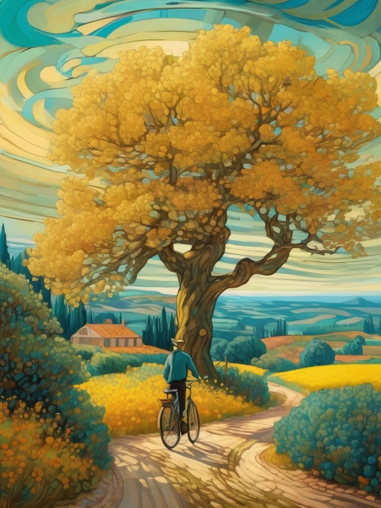  man with lying , whimsical landscape with vint colors, swirling skies resembling van gogh's style, cartoonish, tree with trunk and bicycle leaning against it, medium age, possibly european, inspired by vincent van gogh, digital ilration, best quality hyperrealistic, full body, detailed clothing, highly detailed, cinematic lighting, stunningly beautiful, intricate, sharp focus, f/1. 8, 85mm, (centered image composition), (professionally color graded), ((bright soft diffused light)), volumetric fog, trending on instagram, trending on tumblr, HDR 4K, 8K