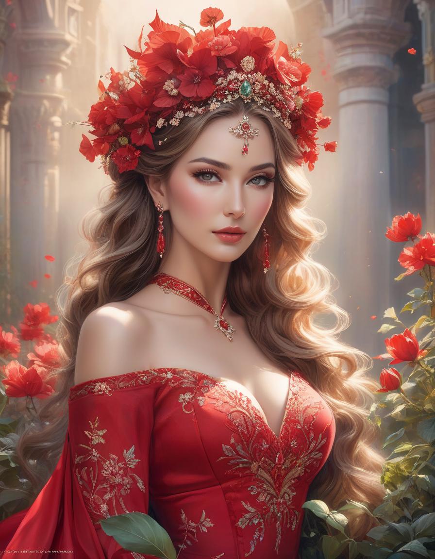  watercolor painting A stunning woman in a vibrant red dress adorned with delicate flowers in her hair, crowned with a regal red tiara, exuding elegance and grace inspired by Magali Villeneuve, fantasy art, karol bak uhd, artgerm, high detailed . vibrant, beautiful, painterly, detailed, textural, artistic hyperrealistic, full body, detailed clothing, highly detailed, cinematic lighting, stunningly beautiful, intricate, sharp focus, f/1. 8, 85mm, (centered image composition), (professionally color graded), ((bright soft diffused light)), volumetric fog, trending on instagram, trending on tumblr, HDR 4K, 8K