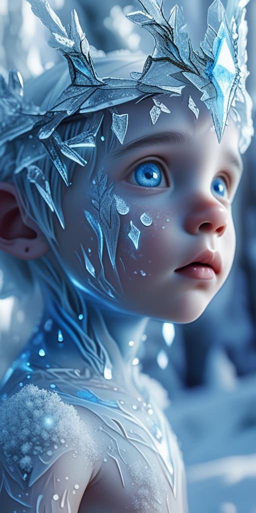  best quality, HD, A cute child portrait of an ice elemental human, delicate icy patterns on skin, frosty blue eyes, wearing a crystalline crown, surrounded by a cinematic background of a snow covered forest, with studio lighting emphasizing the frosty details, hyper detailed, beautifully color graded, 8k photorealistic, global illumination, volumetric lighting.