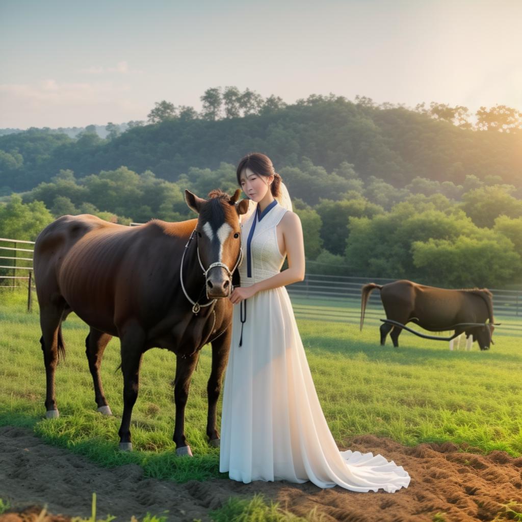  2 korean FARM GIRLS, FARMHOUSE, bulls in Background, Tractor in background, Clean face details hyperrealistic, full body, detailed clothing, highly detailed, cinematic lighting, stunningly beautiful, intricate, sharp focus, f/1. 8, 85mm, (centered image composition), (professionally color graded), ((bright soft diffused light)), volumetric fog, trending on instagram, trending on tumblr, HDR 4K, 8K