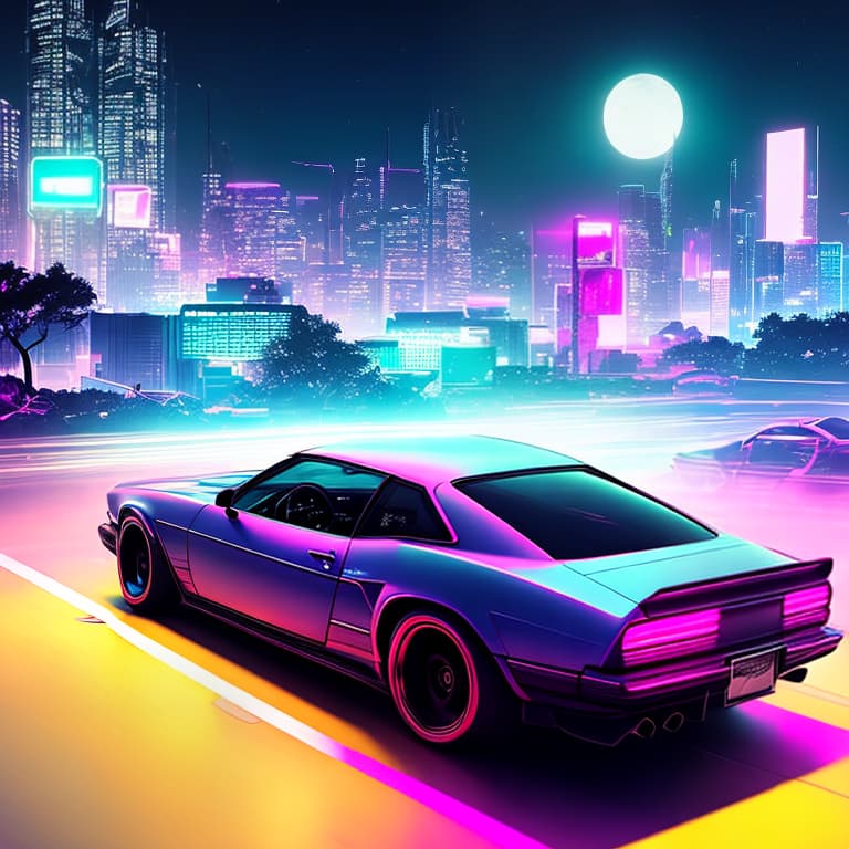 nvinkpunk Car, moon, neon lights, retrowave, 1980s hyperrealistic, full body, detailed clothing, highly detailed, cinematic lighting, stunningly beautiful, intricate, sharp focus, f/1. 8, 85mm, (centered image composition), (professionally color graded), ((bright soft diffused light)), volumetric fog, trending on instagram, trending on tumblr, HDR 4K, 8K