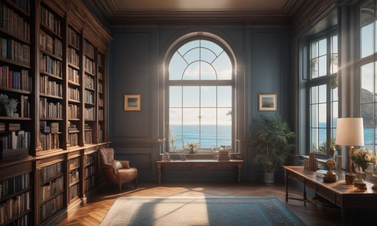  A large window in the room with bookshelves. Outside the window, the sea can be seen. A summer day. hyperrealistic, full body, detailed clothing, highly detailed, cinematic lighting, stunningly beautiful, intricate, sharp focus, f/1. 8, 85mm, (centered image composition), (professionally color graded), ((bright soft diffused light)), volumetric fog, trending on instagram, trending on tumblr, HDR 4K, 8K