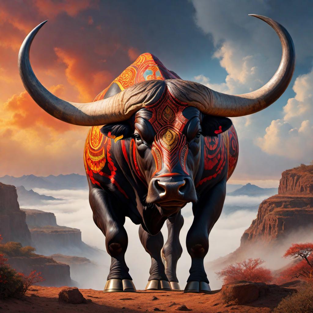  A painting of a powerful bull in the style of African art. The bull is strong, stubborn, and depicted as a leader with imposing horns and a muscular build. The scene incorporates rich, vibrant colors, and intricate patterns characteristic of African art. The background includes elements like rocky terrain and a dramatic sky, but stylized to reflect traditional African motifs and design principles. Ensure originality and no plagiarism. hyperrealistic, full body, detailed clothing, highly detailed, cinematic lighting, stunningly beautiful, intricate, sharp focus, f/1. 8, 85mm, (centered image composition), (professionally color graded), ((bright soft diffused light)), volumetric fog, trending on instagram, trending on tumblr, HDR 4K, 8K