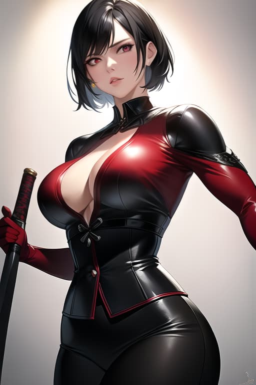  black hair, very short hair, woman, older sister, mature, white dress shirt, red corset, black leather pants, long Japanese sword, muscular, accurate eyes, accurate hands, Japanese armor on shoulders and arms,cowboy shot, (Masterpiece, BestQuality:1.3), (ultra detailed:1.2), (hyperrealistic:1.3), (RAW photo:1.2),High detail RAW color photo, professional photograph, (Photorealistic:1.4), (realistic:1.4), ,professional lighting, (japanese), beautiful face, (realistic face)