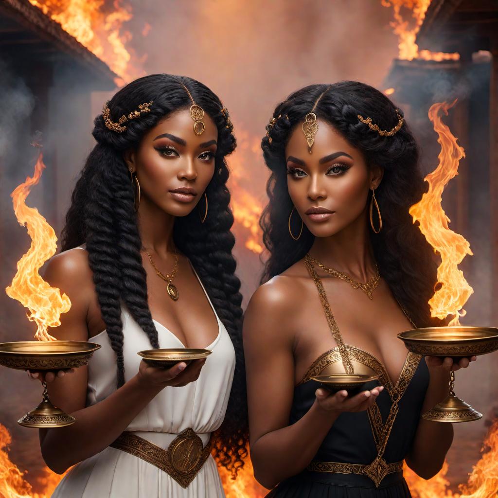  Enchanting black female twins holding scales as symbols of balance in the sign of Libra zodiac, with fire in the background, fantasy lofi style. The twins should have harmonious and balanced appearances, with soft, dreamy, and relaxed lofi elements. Include the elements of fire to create an intense yet harmonious atmosphere. hyperrealistic, full body, detailed clothing, highly detailed, cinematic lighting, stunningly beautiful, intricate, sharp focus, f/1. 8, 85mm, (centered image composition), (professionally color graded), ((bright soft diffused light)), volumetric fog, trending on instagram, trending on tumblr, HDR 4K, 8K