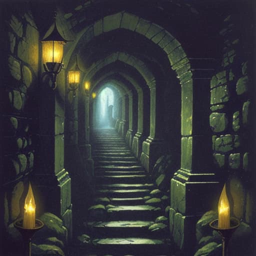  80's fantasy art, A narrow underground corridor with old stone walls, dimly illuminated by faintly glowing magical sconces. The air is damp and smells of mildew and earth. Multiple pathways diverge, with one leading up a set of stairs, another corridor angling off to the left with the sound of water dripping, and a right path descending further into darkness.