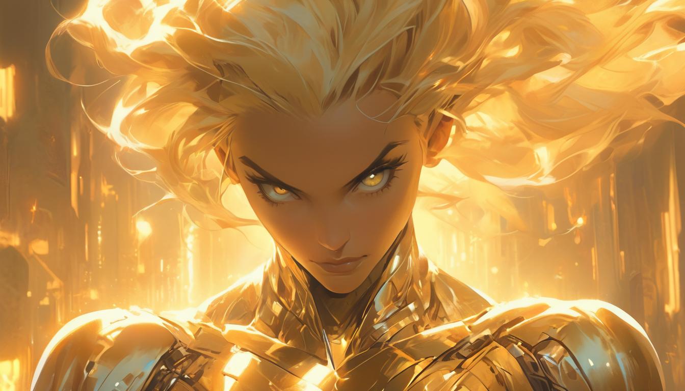  hyperrealism,fantasy aesthetic1woman, large busted attractive blonde arian female humanoid, immediate divine connection, golden aura, high tech clothing clad in sleek, futuristic costume with metallic accents and form fitting designs, marvel superhero comics style, unreal engine rendering