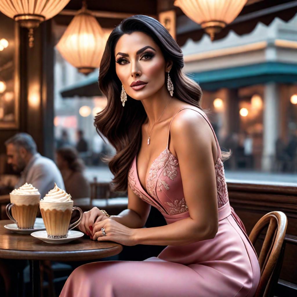  Draw a woman in a pink dress sitting in a quiet cafe. hyperrealistic, full body, detailed clothing, highly detailed, cinematic lighting, stunningly beautiful, intricate, sharp focus, f/1. 8, 85mm, (centered image composition), (professionally color graded), ((bright soft diffused light)), volumetric fog, trending on instagram, trending on tumblr, HDR 4K, 8K