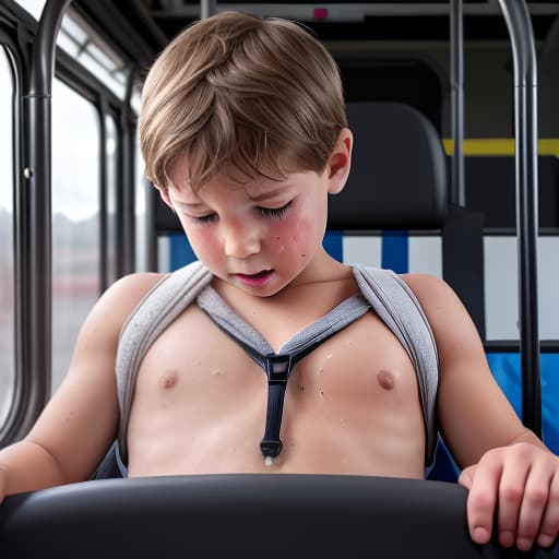  a very sweaty very young boy, caught on a public bus, is discovered by the viewer. The young 's face is rendered in exquisite detail, a look of and arousal as he realizes he's been caught the boy on the bus seat lets out a stream of warm, viscous liquid shooting out from his huge engorged erect tip coating his and splattering onto the floor of the bus, the pinnacle of his is his sweaty features, high-angle shot, dramatic angle, extreme angle shot, photo-realistic, volumetric fog, 85mm lens, HDR, cinematic