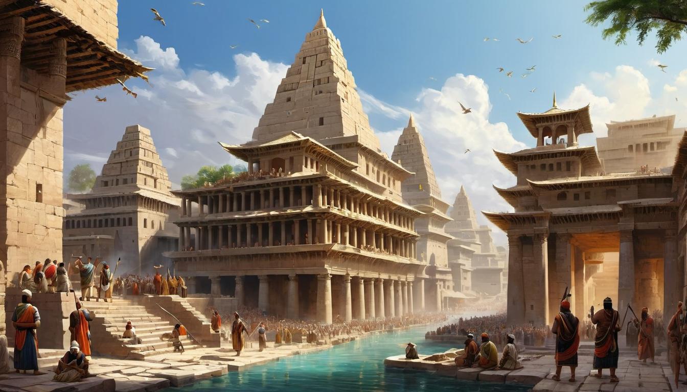  digital painting of Ancient cities being founded, detailed cityscapes with emerging structures, people engaging in construction, Mesopotamian attire, tools scattered around, buzz of activity, foundations of civilization, creation, genesis looking at viewer, dynamic pose, (intricate details, masterpiece, best quality)