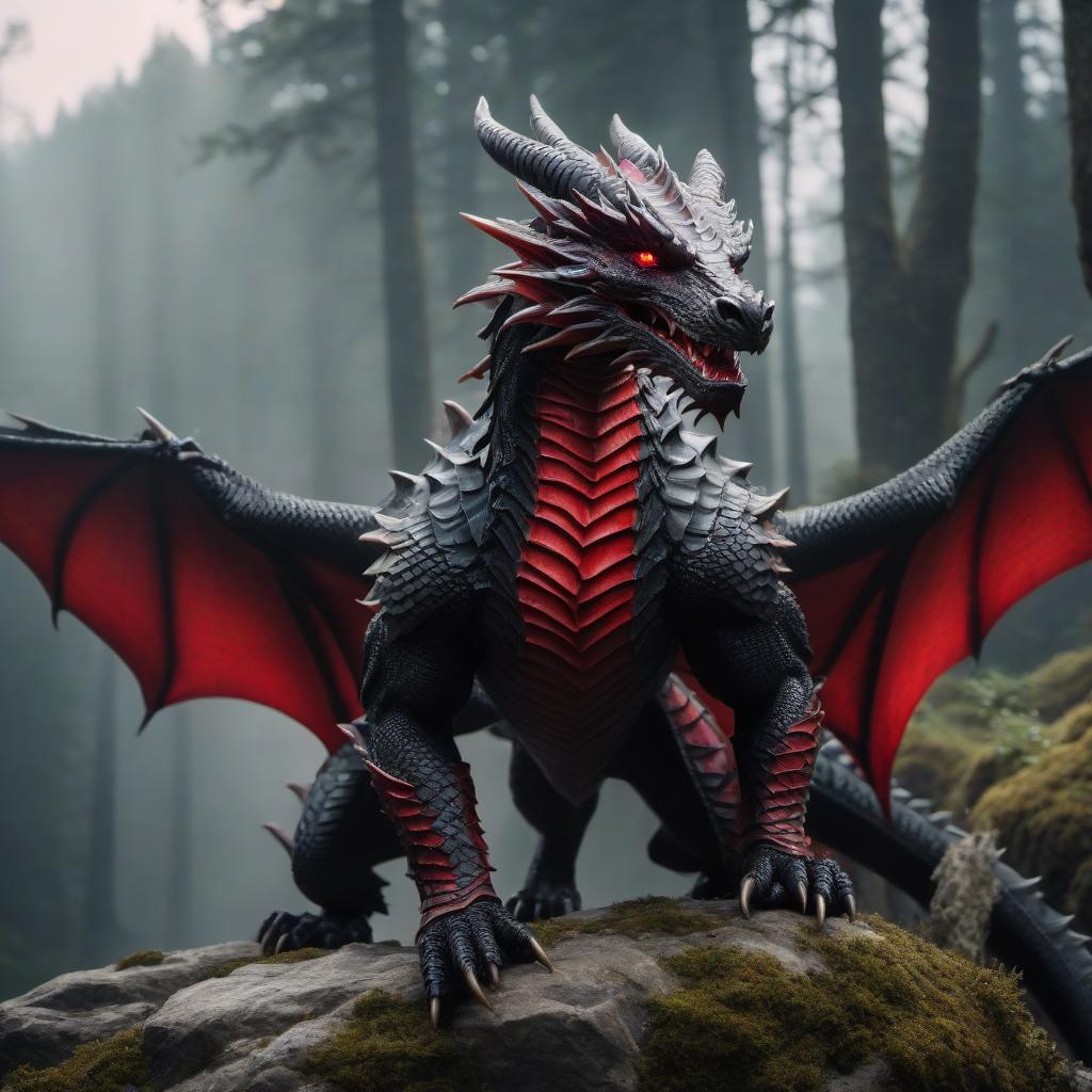  cinematic photo A dragon born dragon with red scales and black armor. . 35mm photograph, film, bokeh, professional, 4k, highly detailed hyperrealistic, full body, detailed clothing, highly detailed, cinematic lighting, stunningly beautiful, intricate, sharp focus, f/1. 8, 85mm, (centered image composition), (professionally color graded), ((bright soft diffused light)), volumetric fog, trending on instagram, trending on tumblr, HDR 4K, 8K