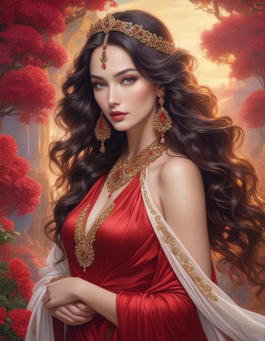  This portrait showcases a woman with a captivating presence, her long dark hair styled in loose waves. She wears a stunning red dress that hugs her figure, and a flowing scarf that adds a touch of drama to the overall image. The intricate jewelry she wears adds a touch of glamour to the already stunning portrait. , insanely detailed, fantasy, in the style of Josephine Wall, Gustav Klimt, Nikon D850 digital painting ultra realistic extremely detailed fantasy 8k oil on canvas cinematic lighting very attractive, beautiful imperial colors hyperrealistic, ultra detailed crisp quality cinematic postprocessing hyperrealistic, full body, detailed clothing, highly detailed, cinematic lighting, stunningly beautiful, intricate, sharp focus, f/1. 8, 85mm, (centered image composition), (professionally color graded), ((bright soft diffused light)), volumetric fog, trending on instagram, trending on tumblr, HDR 4K, 8K