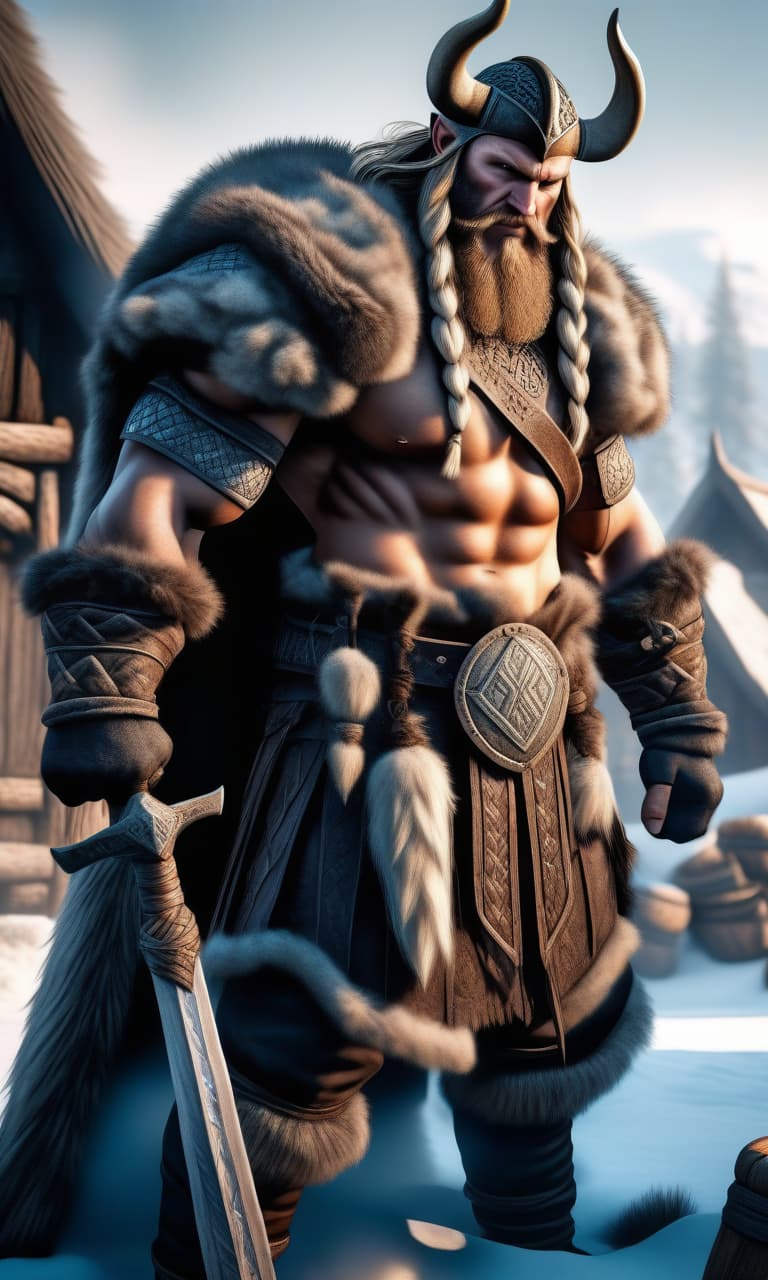  Viking berserker, age 20, looks into the frame, intricate details, fur, Viking clothing, background of a medieval Viking village, winter, hyperrealism, complexity, watercolor airbrush. in Skyrim style. in the frame from the waist up. hyperrealistic, full body, detailed clothing, highly detailed, cinematic lighting, stunningly beautiful, intricate, sharp focus, f/1. 8, 85mm, (centered image composition), (professionally color graded), ((bright soft diffused light)), volumetric fog, trending on instagram, trending on tumblr, HDR 4K, 8K