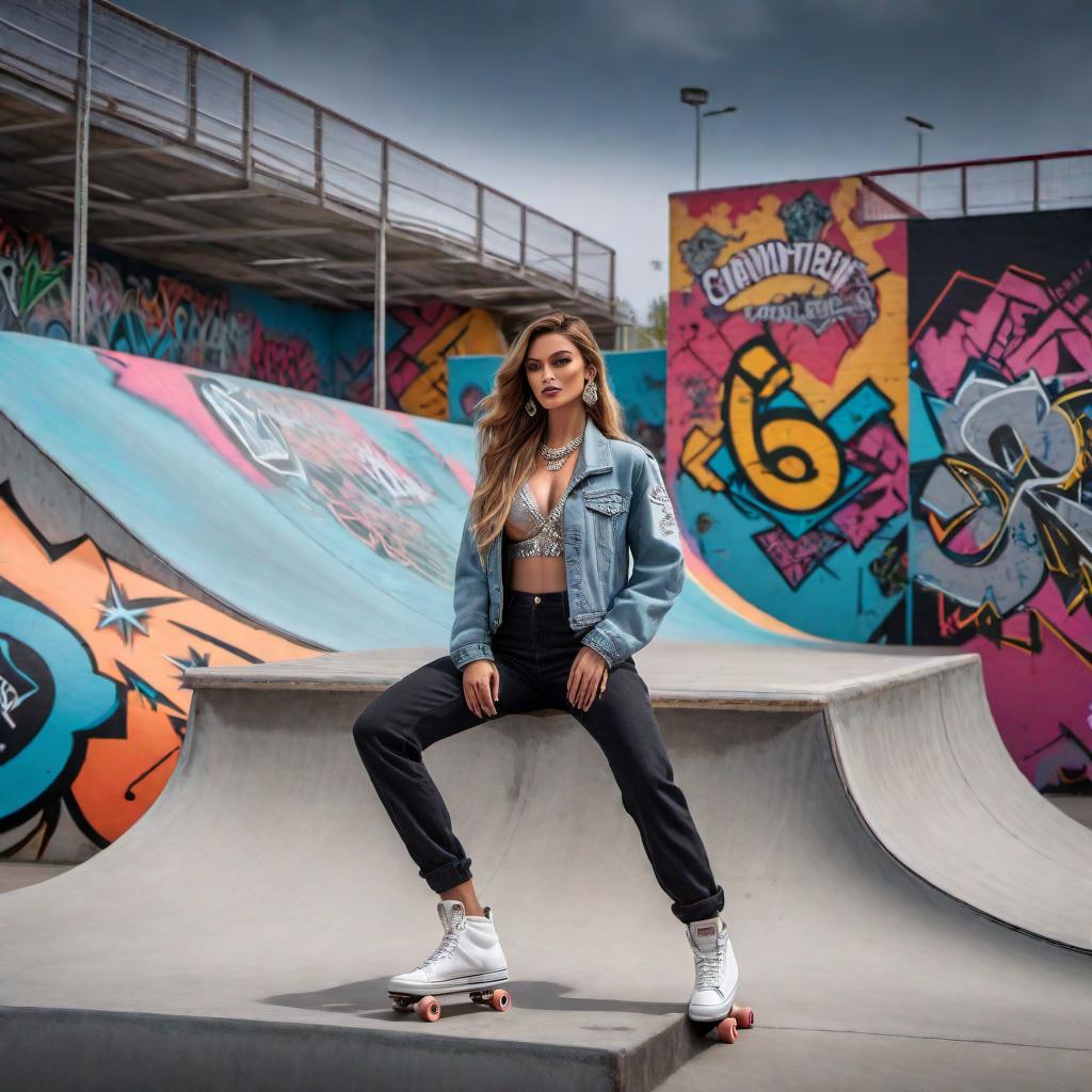  A fashion model wearing a diamond necklace at a lively skatepark. The skatepark is bustling with skateboarders performing tricks, with graffiti art on the walls and ramps. The model should be the focal point, elegantly dressed, contrasting with the casual and energetic atmosphere of the skatepark. The diamond necklace should sparkle, drawing attention. hyperrealistic, full body, detailed clothing, highly detailed, cinematic lighting, stunningly beautiful, intricate, sharp focus, f/1. 8, 85mm, (centered image composition), (professionally color graded), ((bright soft diffused light)), volumetric fog, trending on instagram, trending on tumblr, HDR 4K, 8K