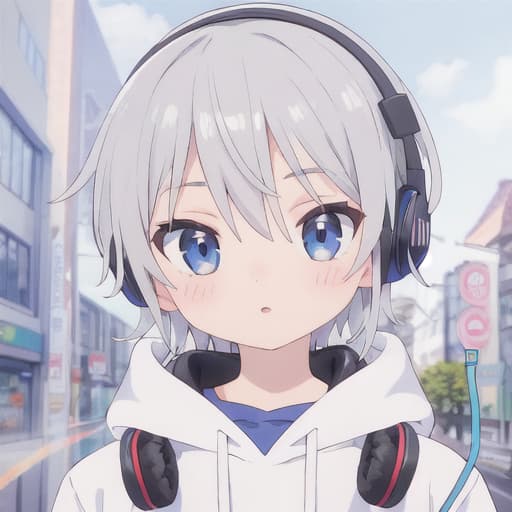  master piece , best quality,Bukavka hoodie, boy, headphones, silver hair.