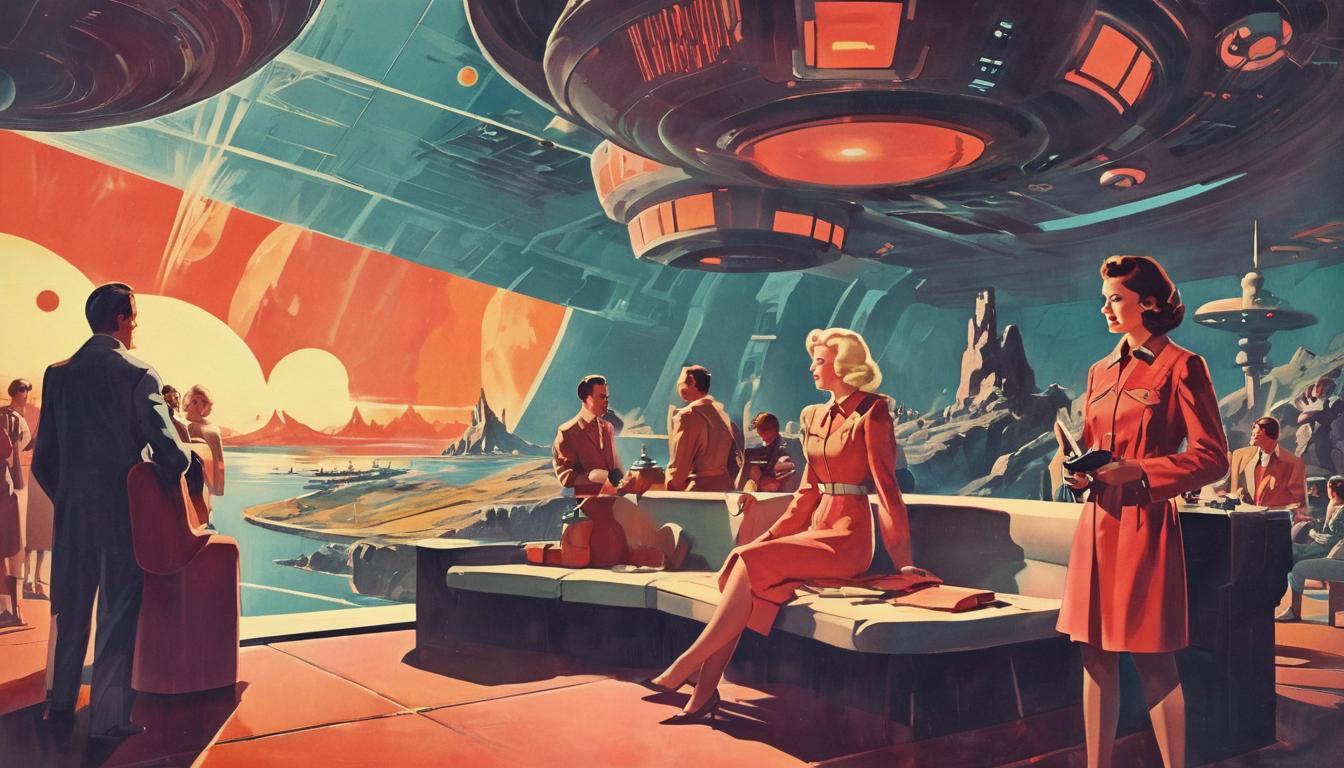  retro futuristic people gathering around a serene figure, warm colors, comforting atmosphere lvintage sci fi, 50s and 60s style, atomic age, vibrant, highly detailed