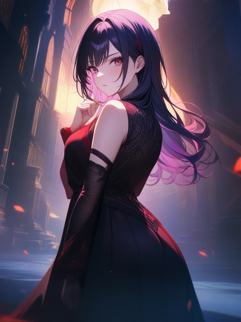  masterpiece,super resolution,best picture quality,natural light,dark moonlight,best shadow,,delicate dark purple hair color,glossy hair color,gradient hair color,long hair,bandage with blood on right arm,red lace cardigan,black dress👗,ロリータファッション,swinging looking back,glaring,middle finger raised,dark stone castle,shining moon,super high resolution,8K, masterpiece, best quality,8k,ultra detailed,high resolution,an extremely delicate and beautiful,hyper detail hyperrealistic, full body, detailed clothing, highly detailed, cinematic lighting, stunningly beautiful, intricate, sharp focus, f/1. 8, 85mm, (centered image composition), (professionally color graded), ((bright soft diffused light)), volumetric fog, trending on instagram, trending on tumblr, HDR 4K, 8K