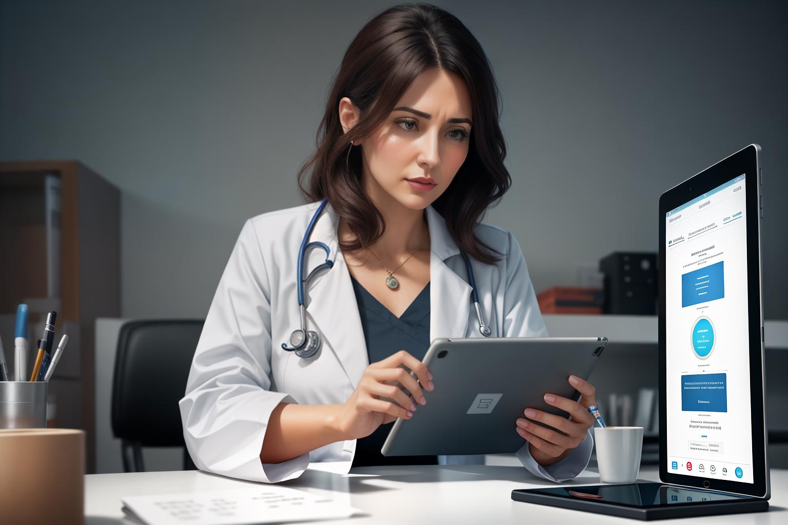  "Realistic close up of a concerned woman (female) in her early 30s, sitting in a well lit, modern doctor's office. She is looking at a medical diagram of the female reproductive system displayed on a tablet held by a doctor (only the doctor's hand and part of the tablet are visible). The background features a clean, organized medical setting with soft, neutral colors to keep the focus on the woman and the tablet. The image should be detailed, with a clear portrayal of the woman's worried expression and the medical diagram, ensuring the mood is serious and informative."Ensure no face,leg,hand or eye defomities.Ensure all images are clear, detailed, contains no text and no deformities. realistic, highly detailed, photorealistic, cinematic lig hyperrealistic, full body, detailed clothing, highly detailed, cinematic lighting, stunningly beautiful, intricate, sharp focus, f/1. 8, 85mm, (centered image composition), (professionally color graded), ((bright soft diffused light)), volumetric fog, trending on instagram, trending on tumblr, HDR 4K, 8K