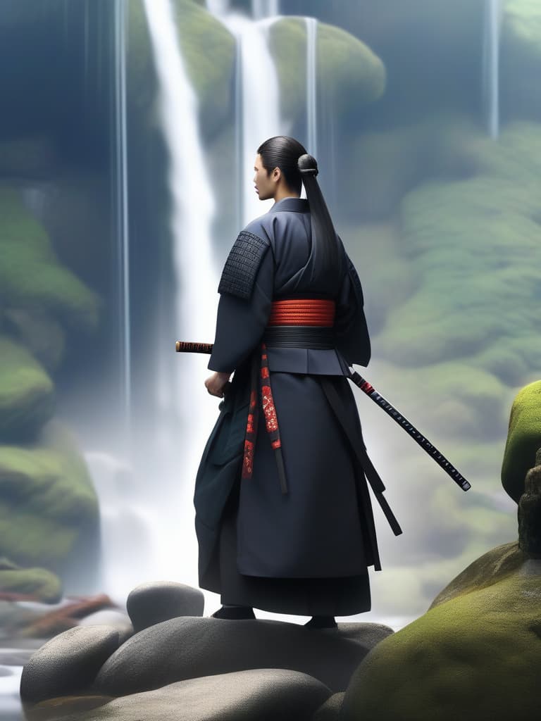  Masterpiece,one man,samurai,cool,hair style:swept back hair ,delicate black hair,tied back in one bun,long hair,black crested hakama,waterfall,training,super high quality,16K, masterpiece, best quality,8k,ultra detailed,high resolution,an extremely delicate and beautiful,hyper detail