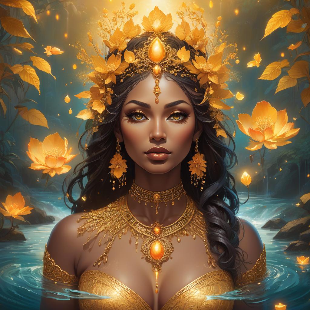  grunge style A fantasy portrait of a woman adorned with golden floral ornaments, surrounded by a mystical, luminous landscape with water elements. An insanely hyperdetailed whimsical fantasical painting of the Goddess Oshun, the Yoruba goddess of love, fertility, and rivers. She is typically depicted as a beautiful woman adorned with gold and surrounded by flowing water. Genres: Fantasy, Mythology. Styles: Whimsical, Surreal. Techniques: Hyperrealism, Digital Painting. Lights: Warm and Radiant. Colors: Golden yellows, bright oranges, warm browns, and deep blues. Descriptive terms: Lush, Opulent, Serene, Mystical, and Nurturing. This masterpiece digital artwork would be best painted by artists such as Tara McPherson, Audrey Kawasaki, Nicolet hyperrealistic, full body, detailed clothing, highly detailed, cinematic lighting, stunningly beautiful, intricate, sharp focus, f/1. 8, 85mm, (centered image composition), (professionally color graded), ((bright soft diffused light)), volumetric fog, trending on instagram, trending on tumblr, HDR 4K, 8K