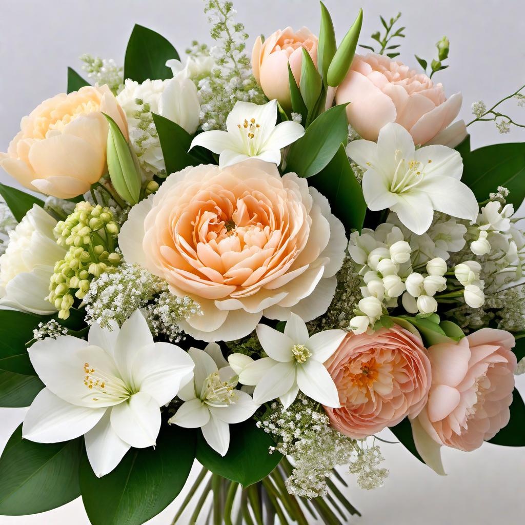  A beautifully crafted bouquet of flowers with a combination of roses, peonies, lilies, tulips, orchids, hydrangeas, daisies, and baby’s breath. The bouquet should have roses in various colors, peonies with full lush blooms, striking lilies, colorful tulips, unique orchids, large bushy hydrangeas, charming daisies, and delicate baby’s breath as fillers. The flowers should be arranged harmoniously with a mix of greenery such as eucalyptus and ivy, and tied with an elegant ribbon. The overall arrangement should look elegant, romantic, and luxurious. hyperrealistic, full body, detailed clothing, highly detailed, cinematic lighting, stunningly beautiful, intricate, sharp focus, f/1. 8, 85mm, (centered image composition), (professionally color graded), ((bright soft diffused light)), volumetric fog, trending on instagram, trending on tumblr, HDR 4K, 8K