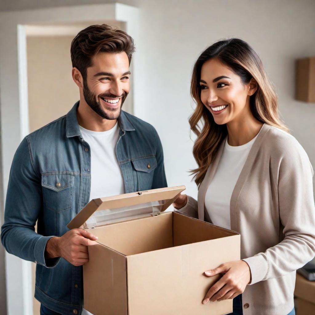  A millennial opening the door to their home and smiling while receiving a very small box package from a delivery man. The millennial looks very happy, conveying excitement and gratitude for the fast delivery. hyperrealistic, full body, detailed clothing, highly detailed, cinematic lighting, stunningly beautiful, intricate, sharp focus, f/1. 8, 85mm, (centered image composition), (professionally color graded), ((bright soft diffused light)), volumetric fog, trending on instagram, trending on tumblr, HDR 4K, 8K