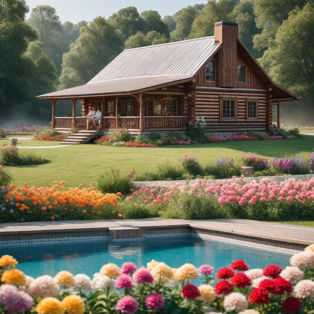  A serene scene of a log cabin with a porch that wraps all the way around. The cabin is surrounded by a field of amazing flowers of various colors. Beside the cabin, there is a barn, with cows, horses, and chickens roaming around. A swimming pool is full of kids playing and splashing water. On the porch, there is a person watching the grandkids playing in the pool. Nearby, their husband is working on a tractor. hyperrealistic, full body, detailed clothing, highly detailed, cinematic lighting, stunningly beautiful, intricate, sharp focus, f/1. 8, 85mm, (centered image composition), (professionally color graded), ((bright soft diffused light)), volumetric fog, trending on instagram, trending on tumblr, HDR 4K, 8K