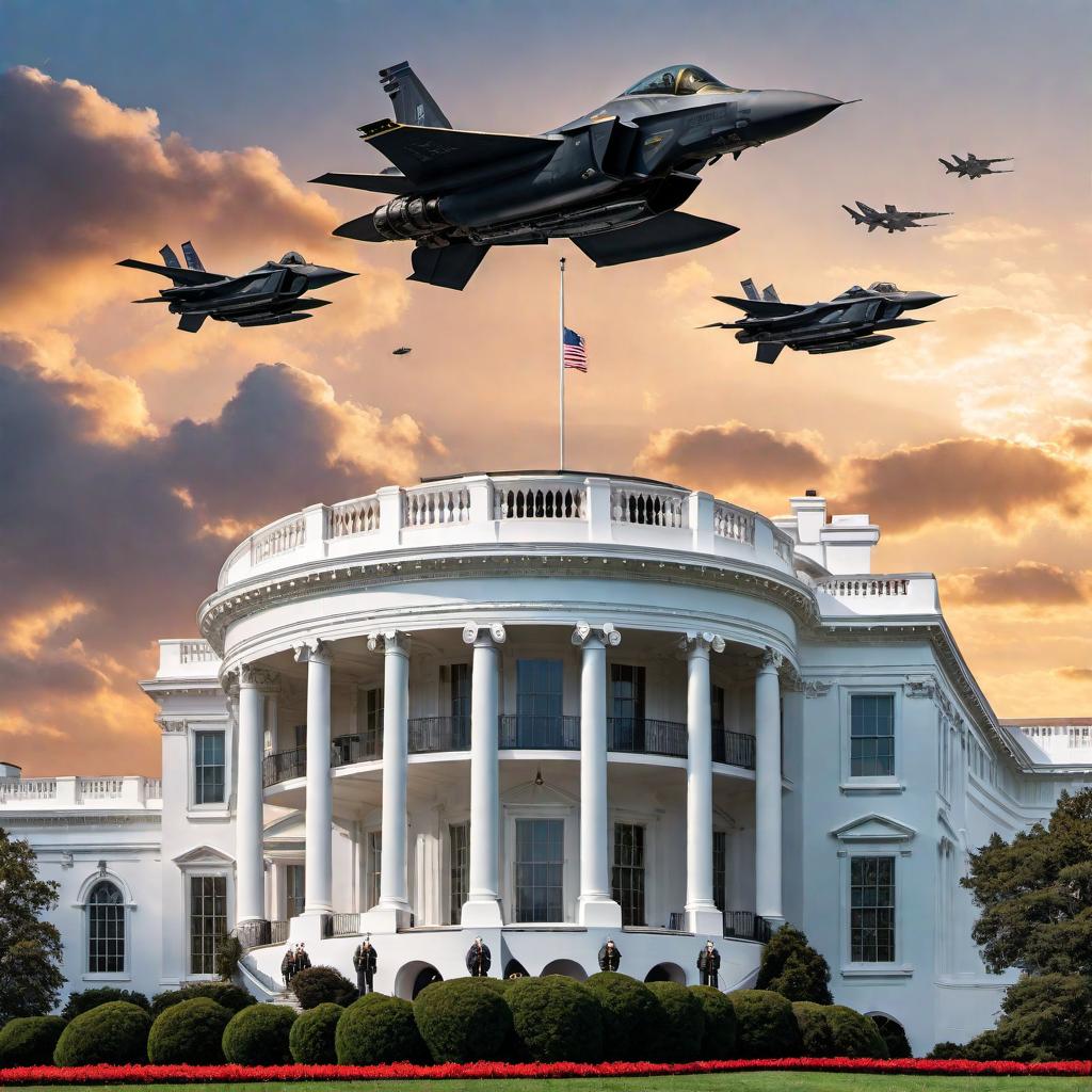  President Trump, Steve Bannon, General Flynn, Rep Tim Byron, and founding fathers armed with AR-15s protecting the White House on a clear beautiful day. In the sky above, there are two eagles flying and two F35 fighter jets. hyperrealistic, full body, detailed clothing, highly detailed, cinematic lighting, stunningly beautiful, intricate, sharp focus, f/1. 8, 85mm, (centered image composition), (professionally color graded), ((bright soft diffused light)), volumetric fog, trending on instagram, trending on tumblr, HDR 4K, 8K