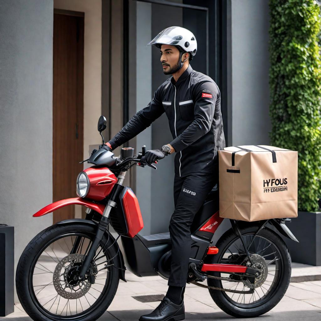  An illustration of a food delivery service setup. The image shows a delivery person wearing a uniform and carrying a food delivery bag, various food items being prepared in a kitchen, a fleet of delivery bikes or scooters, and a mobile app interface displaying the food delivery service. hyperrealistic, full body, detailed clothing, highly detailed, cinematic lighting, stunningly beautiful, intricate, sharp focus, f/1. 8, 85mm, (centered image composition), (professionally color graded), ((bright soft diffused light)), volumetric fog, trending on instagram, trending on tumblr, HDR 4K, 8K