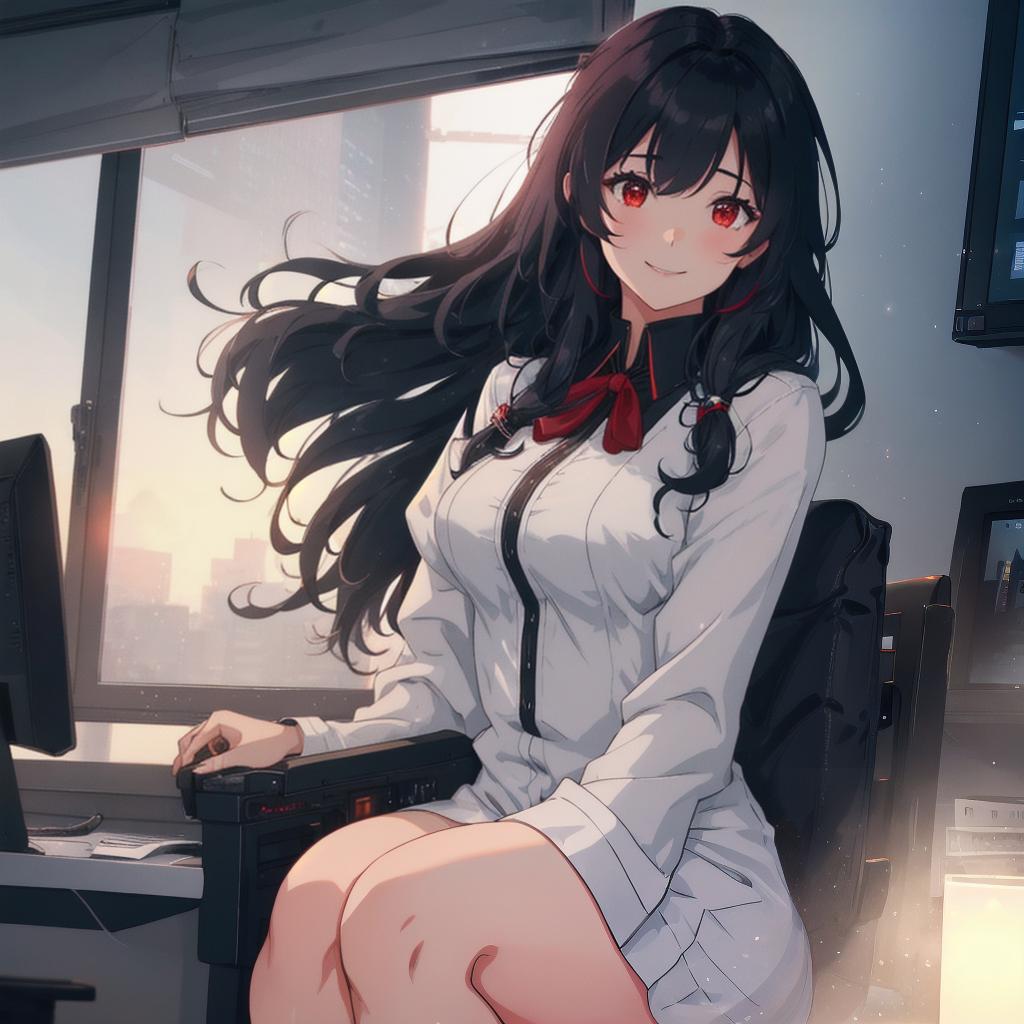  1girl , solo, anime named Emi sitting in an office, black long hair staff, big , looking at viewer, red eyes, smiling. hyperrealistic, full body, detailed clothing, highly detailed, cinematic lighting, stunningly beautiful, intricate, sharp focus, f/1. 8, 85mm, (centered image composition), (professionally color graded), ((bright soft diffused light)), volumetric fog, trending on instagram, trending on tumblr, HDR 4K, 8K