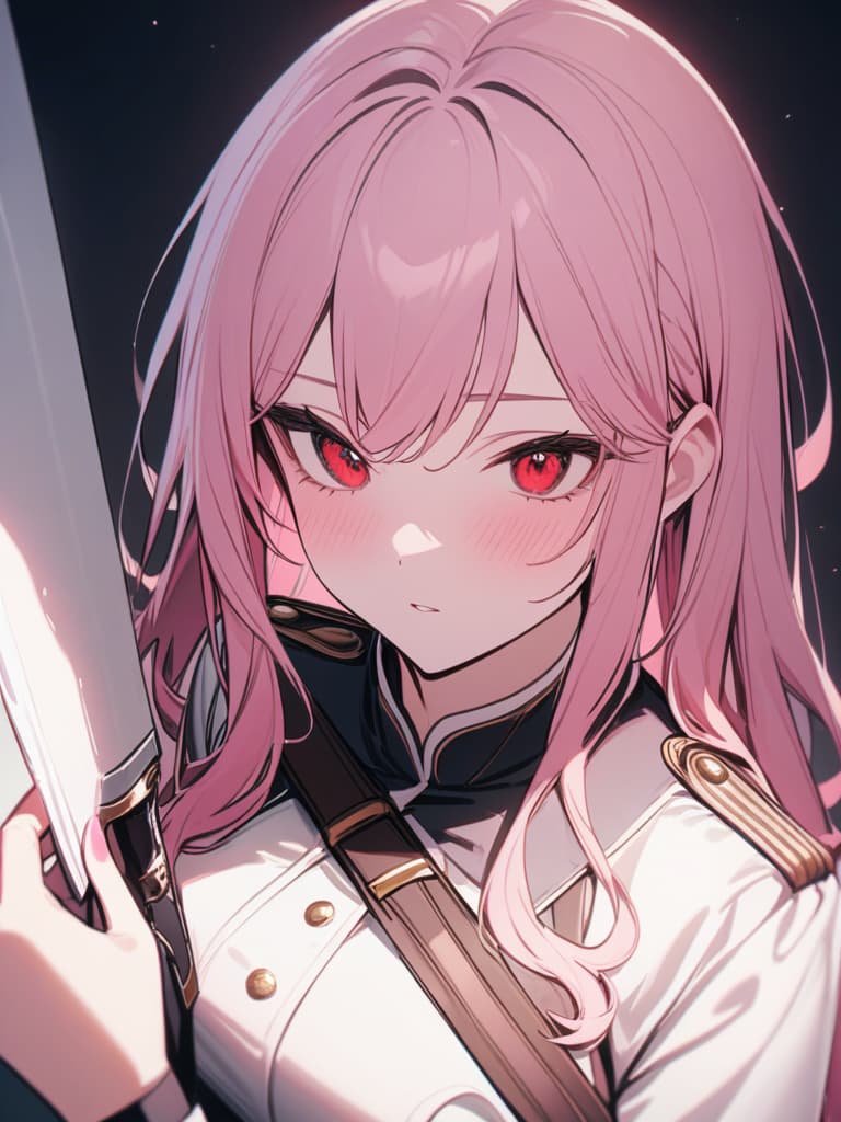  Pink hair, long hair, menhera, red eye, uniform, knife, masterpiece, best quality,8k,ultra detailed,high resolution,an extremely delicate and beautiful,hyper detail