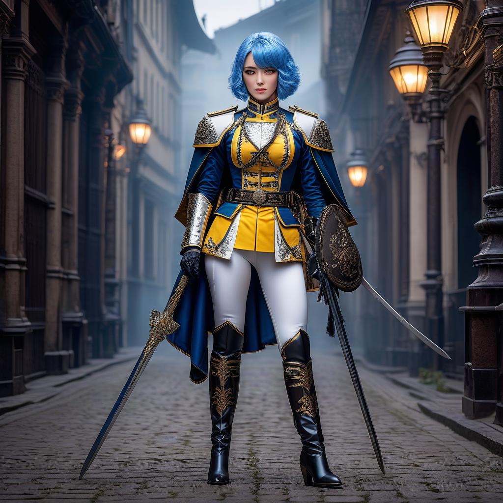  Girl, female cuirassier, ((full body)), blue hair, bob cut, bright yellow eyes, Girl, female cuirassier, ((full body)), blue hair, bob cut, bright yellow eyes, hourglass figure, fully clothed, military uniform, (19th century ceremonial uniform), (cuirass), white clothes, white cloak, ((white leggings )), riding pants, black boots, over the knee boots, thigh high boots, tight boots, belt, choker, epaulettes, awards, (epic pose), looking at viewer, looking down, evil grin, (extremely hyper detailed face), (masterpiece : 1.4), (perfect eyes: 1.1), (perfect hands), 2D, anime, extremely detailed clothes. hyperrealistic, full body, detailed clothing, highly detailed, cinematic lighting, stunningly beautiful, intricate, sharp focus, f/1. 8, 85mm, (centered image composition), (professionally color graded), ((bright soft diffused light)), volumetric fog, trending on instagram, trending on tumblr, HDR 4K, 8K