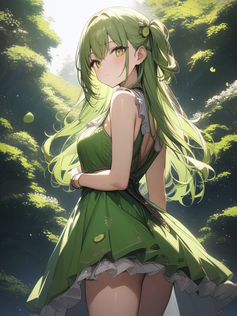  Cute, , long hair, thin body, kiwi fruit, kiwi decoration, yellow green eyes, eyes, yellow green hair, half twin tail, frill dress, masterpiece, best quality,8k,ultra detailed,high resolution,an extremely delicate and beautiful,hyper detail