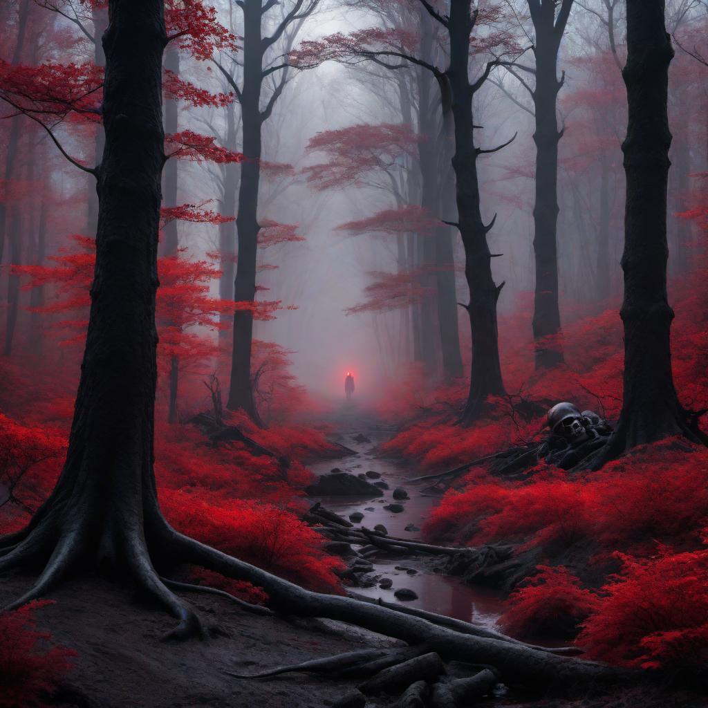  A dark, eerie design with a wicked theme. Features a menacing forest with twisted, barren trees, shadows creeping with glowing red eyes, skulls scattered on the forest floor, and a faint fog rolling through. Dominant colors: black, dark purple, and blood red. The scene should evoke a sense of unease and mystery, with intricate details that add to the malevolent atmosphere. hyperrealistic, full body, detailed clothing, highly detailed, cinematic lighting, stunningly beautiful, intricate, sharp focus, f/1. 8, 85mm, (centered image composition), (professionally color graded), ((bright soft diffused light)), volumetric fog, trending on instagram, trending on tumblr, HDR 4K, 8K