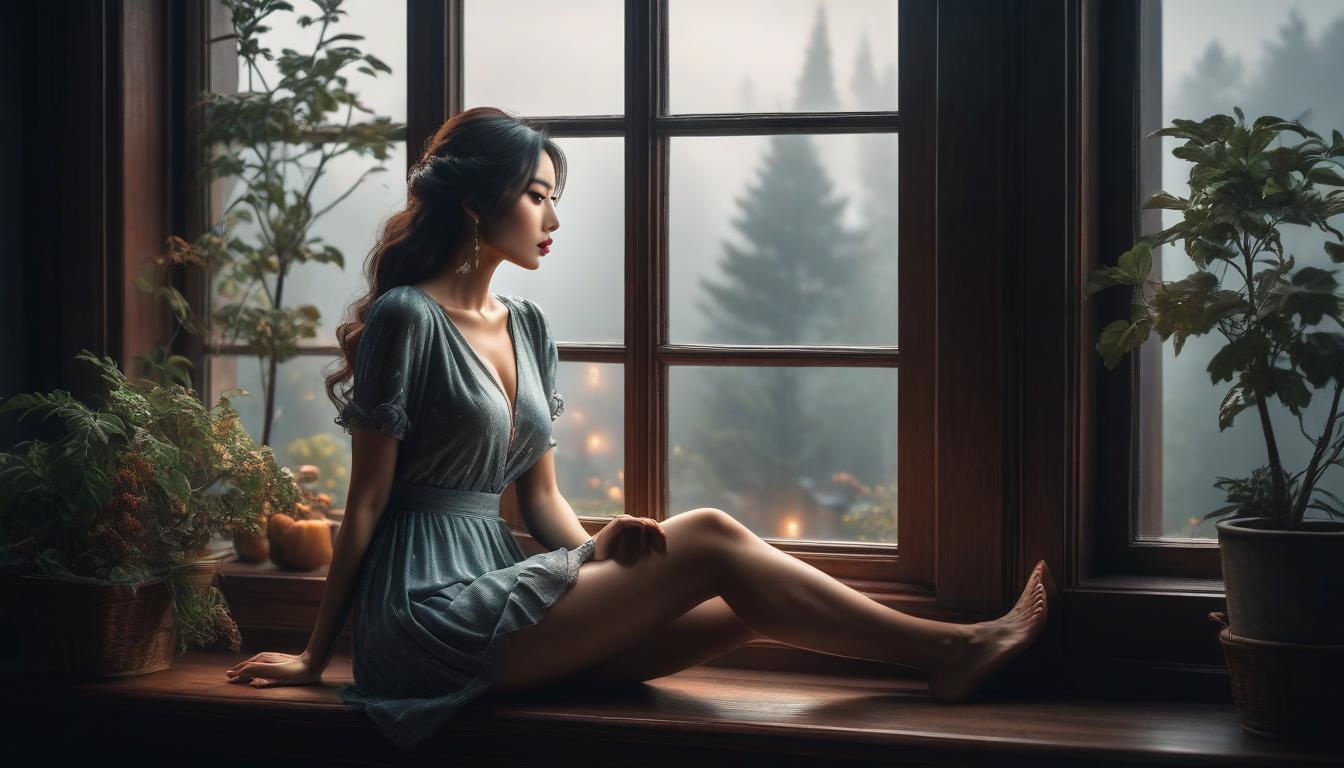   , a young is sitting on the windowsill with her back to the recess, slender figure, high detail, high quality photography hyperrealistic, full body, detailed clothing, highly detailed, cinematic lighting, stunningly beautiful, intricate, sharp focus, f/1. 8, 85mm, (centered image composition), (professionally color graded), ((bright soft diffused light)), volumetric fog, trending on instagram, trending on tumblr, HDR 4K, 8K