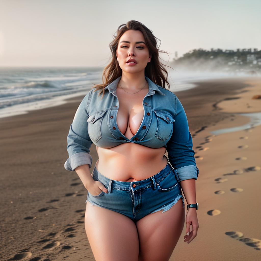  a Chubby American gir at beach, portrait, Jean's, low saturation hyperrealistic, full body, detailed clothing, highly detailed, cinematic lighting, stunningly beautiful, intricate, sharp focus, f/1. 8, 85mm, (centered image composition), (professionally color graded), ((bright soft diffused light)), volumetric fog, trending on instagram, trending on tumblr, HDR 4K, 8K