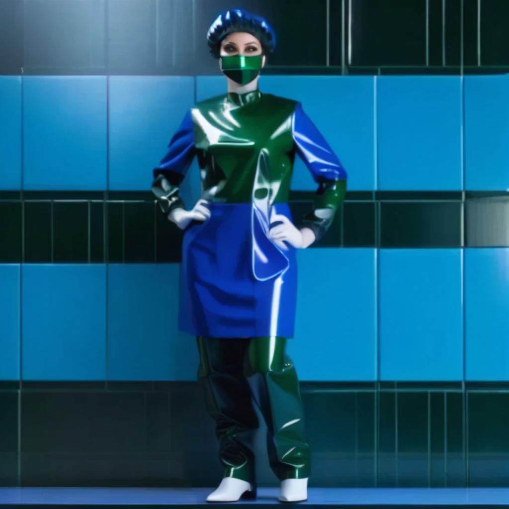  a woman surgeon stands straight with her feet shoulder width apart, showing off the unique gradient effect of her trousers. The upper part of the trousers is made of glossy dark blue latex, which gradually transitions to glossy dark green latex towards the lower, creating an unusual play of colors. The trousers are tucked into high surgical shoe covers in the form of high boots, knee length, with flat soles without heels, hyperrealistic, full body, detailed clothing, highly detailed, cinematic lighting, stunningly beautiful, intricate, sharp focus, f/1. 8, 85mm, (centered image composition), (professionally color graded), ((bright soft diffused light)), volumetric fog, trending on instagram, trending on tumblr, HDR 4K, 8K