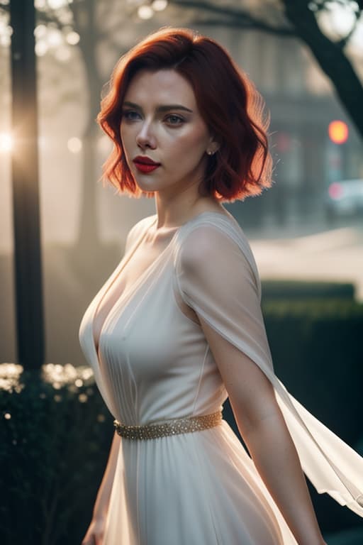  Ultra realistic picture, full lenght picture, Scarlett Johansson, amazing , beautiful , dark make up, pale skin, beautiful face, smile, short haircut, ultra short dress, deep age, ful, carmin red lips, medium s, on, slip, , noon Summer sun, soft light hyperrealistic, full body, detailed clothing, highly detailed, cinematic lighting, stunningly beautiful, intricate, sharp focus, f/1. 8, 85mm, (centered image composition), (professionally color graded), ((bright soft diffused light)), volumetric fog, trending on instagram, trending on tumblr, HDR 4K, 8K