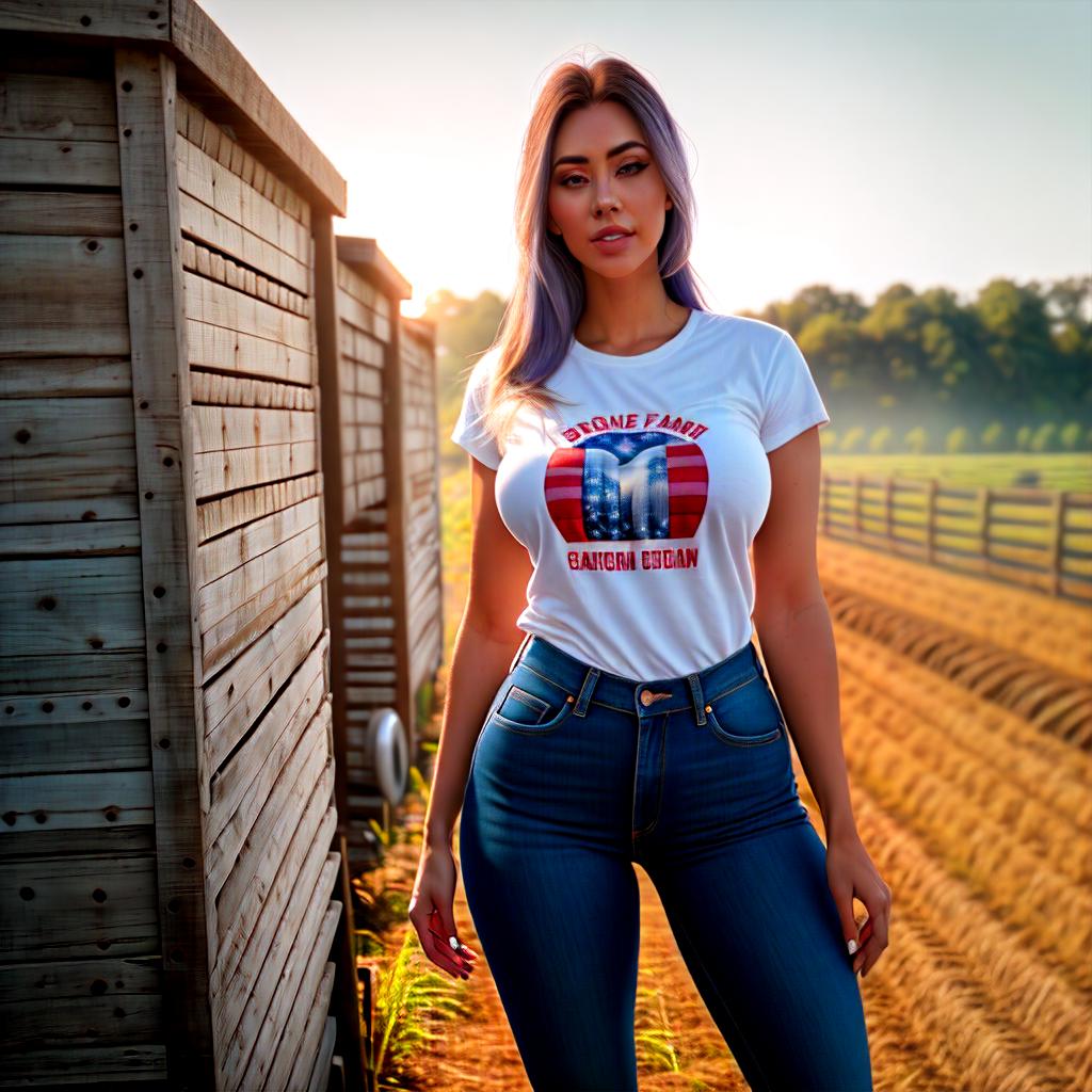  a beautiful American girl in farm, jeans and tshirt hyperrealistic, full body, detailed clothing, highly detailed, cinematic lighting, stunningly beautiful, intricate, sharp focus, f/1. 8, 85mm, (centered image composition), (professionally color graded), ((bright soft diffused light)), volumetric fog, trending on instagram, trending on tumblr, HDR 4K, 8K