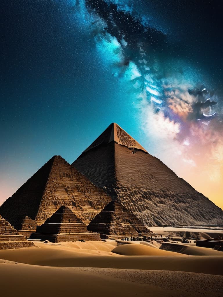  Safe Prompt: An image of the Pyramids of Giza under a bright sky with a beam of light shining from the largest pyramid to the sky, featuring Van Gogh inspired swirls in the night sky. The person in the image should be wearing casual attire, such as a t shirt, jeans, and sneakers.