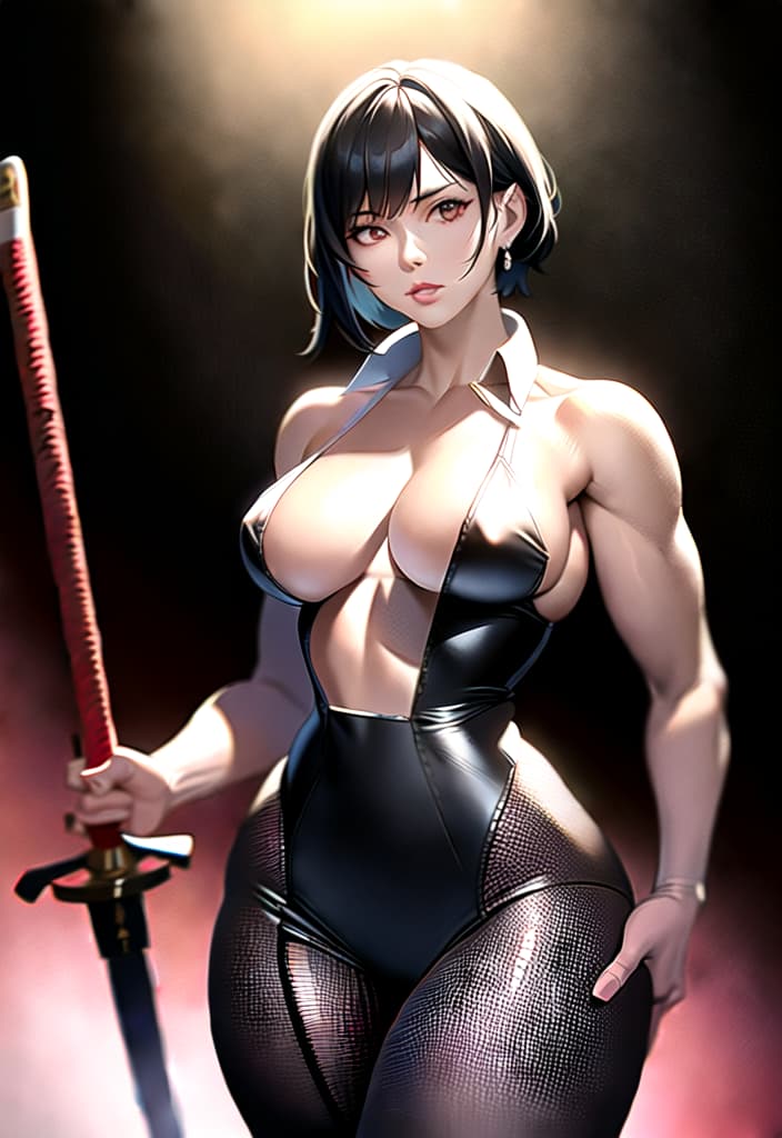  Black hair, berry short hair, beautiful woman, white dress shirt, red corset, black leather pants, muscles, always have Japanese swords, Be sure to draw from the head to the thigh, hold a Japanese sword, (Masterpiece, BestQuality:1.3), (ultra detailed:1.2), (hyperrealistic:1.3), (RAW photo:1.2),High detail RAW color photo, professional photograph, (Photorealistic:1.4), (realistic:1.4), ,professional lighting, (japanese), beautiful face, (realistic face)