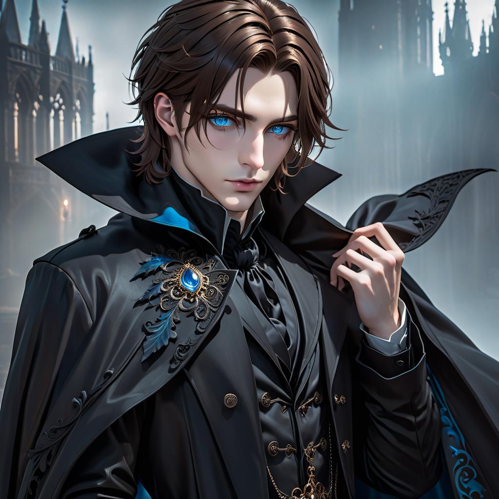  gothic style Young man. Brown hair. In a black coat. Sad. Blue eyes. . dark, mysterious, haunting, dramatic, ornate, detailed hyperrealistic, full body, detailed clothing, highly detailed, cinematic lighting, stunningly beautiful, intricate, sharp focus, f/1. 8, 85mm, (centered image composition), (professionally color graded), ((bright soft diffused light)), volumetric fog, trending on instagram, trending on tumblr, HDR 4K, 8K