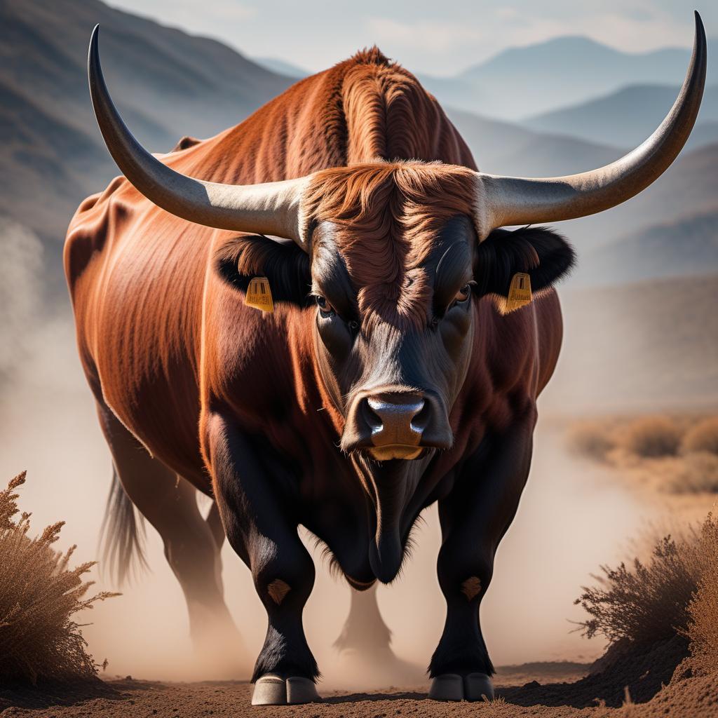  A muscular, fierce Longhorn Bull with its head lowered in an attacking or defending stance for the 'Longhorn Beef Jerky Co.' logo. The bull should have taut, defined muscles without saggy skin and strong, muscular hindquarters. It should have long, wide horns, red eyes, and a mean, aggressive expression. Smoke should be snorting from its nostrils to convey intensity and aggression. The overall design should have a rugged, rustic feel to align with the nature of the beef jerky business. The bull should look more aggressive and protective as if it is attacking or defending its herd. hyperrealistic, full body, detailed clothing, highly detailed, cinematic lighting, stunningly beautiful, intricate, sharp focus, f/1. 8, 85mm, (centered image composition), (professionally color graded), ((bright soft diffused light)), volumetric fog, trending on instagram, trending on tumblr, HDR 4K, 8K