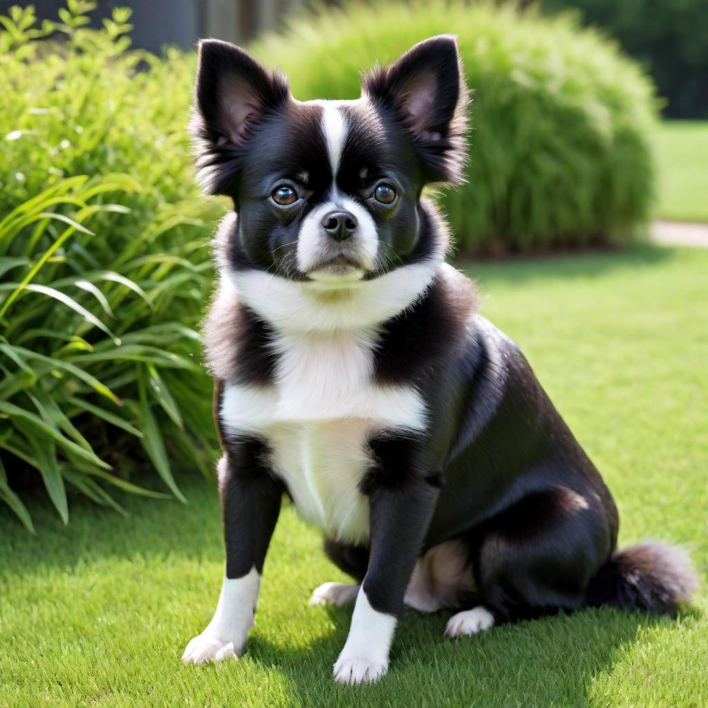  A small black Pomeranian mixed with Boston Terrier, featuring the fluffy fur and pointed ears of a Pomeranian with the face and build resembling a Boston Terrier. The dog has a cheerful expression and is sitting on a green grassy field with a bright blue sky in the background. hyperrealistic, full body, detailed clothing, highly detailed, cinematic lighting, stunningly beautiful, intricate, sharp focus, f/1. 8, 85mm, (centered image composition), (professionally color graded), ((bright soft diffused light)), volumetric fog, trending on instagram, trending on tumblr, HDR 4K, 8K