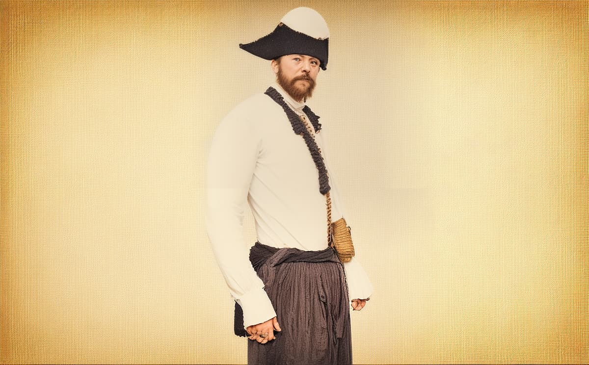 analog style Transform the uploaded photo of a person into an image of a pirate. Add pirate themed elements such as an eye patch, a tricorn hat, a parrot on the shoulder, a pirate coat, and a background featuring a pirate ship or a treasure island. Ensure the person retains their original facial features while blending seamlessly with the pirate attire and setting. The final image should be vibrant, detailed, and convey a classic pirate look