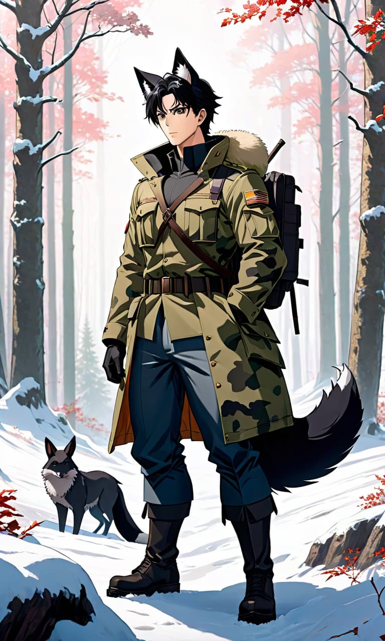  anime artwork A man in his thirties with black hair and black bushy ears, sturdy build, wearing camouflage clothing in a military style, and three black tails in a winter forest landscape standing full height. . anime style, key visual, vibrant, studio anime, highly detailed hyperrealistic, full body, detailed clothing, highly detailed, cinematic lighting, stunningly beautiful, intricate, sharp focus, f/1. 8, 85mm, (centered image composition), (professionally color graded), ((bright soft diffused light)), volumetric fog, trending on instagram, trending on tumblr, HDR 4K, 8K