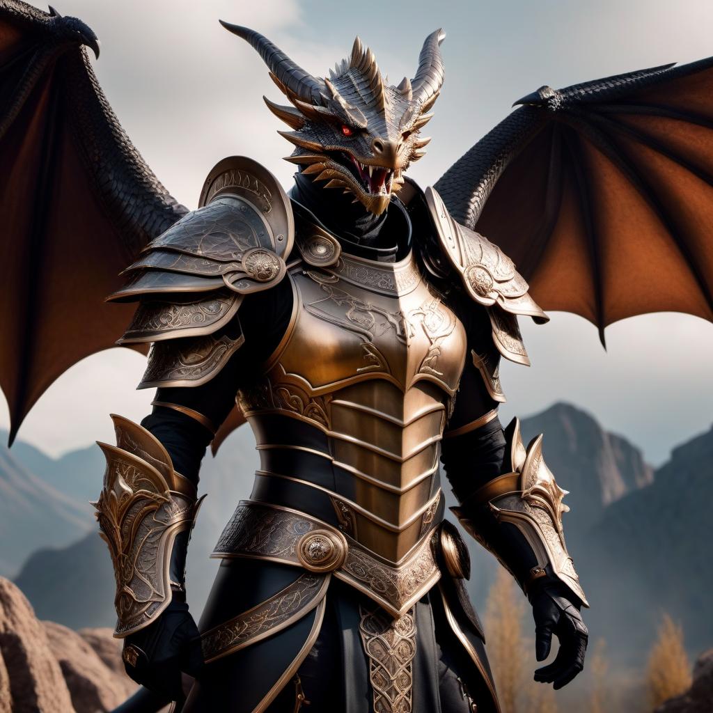  Bronze draconid in black Paladin armor, 3/4 portrait style in fantasy mythology. hyperrealistic, full body, detailed clothing, highly detailed, cinematic lighting, stunningly beautiful, intricate, sharp focus, f/1. 8, 85mm, (centered image composition), (professionally color graded), ((bright soft diffused light)), volumetric fog, trending on instagram, trending on tumblr, HDR 4K, 8K