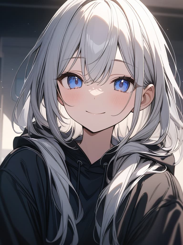  Mash hair, white hair, neutral, cool cute, black hoodie, blue eye, smile, masterpiece, best quality,8k,ultra detailed,high resolution,an extremely delicate and beautiful,hyper detail